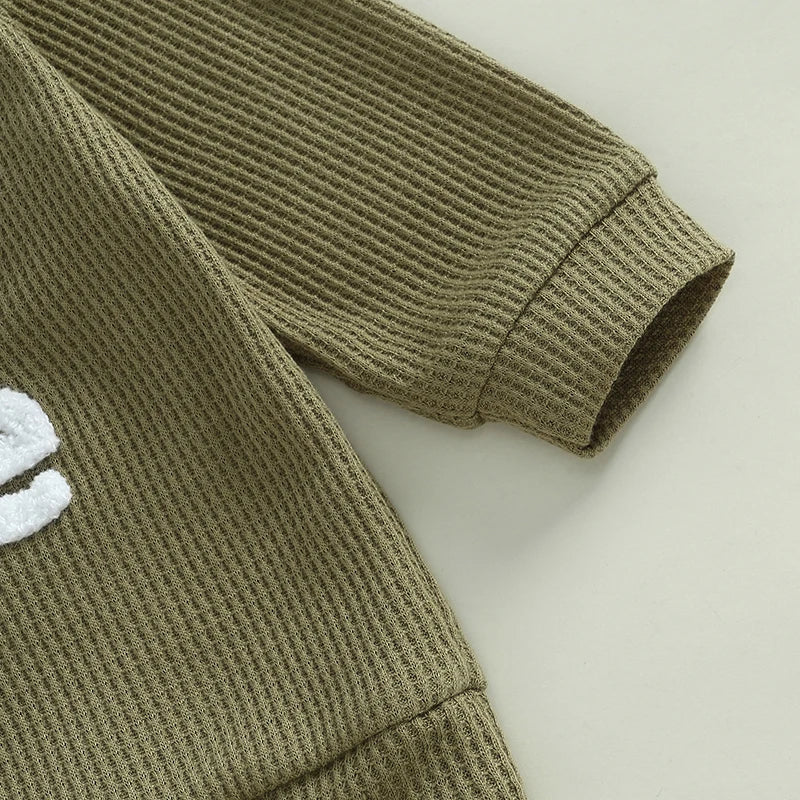 Baby Toddler Boys 2Pcs Little Dude Waffle Outfit Letter Embroidery Long Sleeve Top with Elastic Waist Solid Pants Set - Image 16