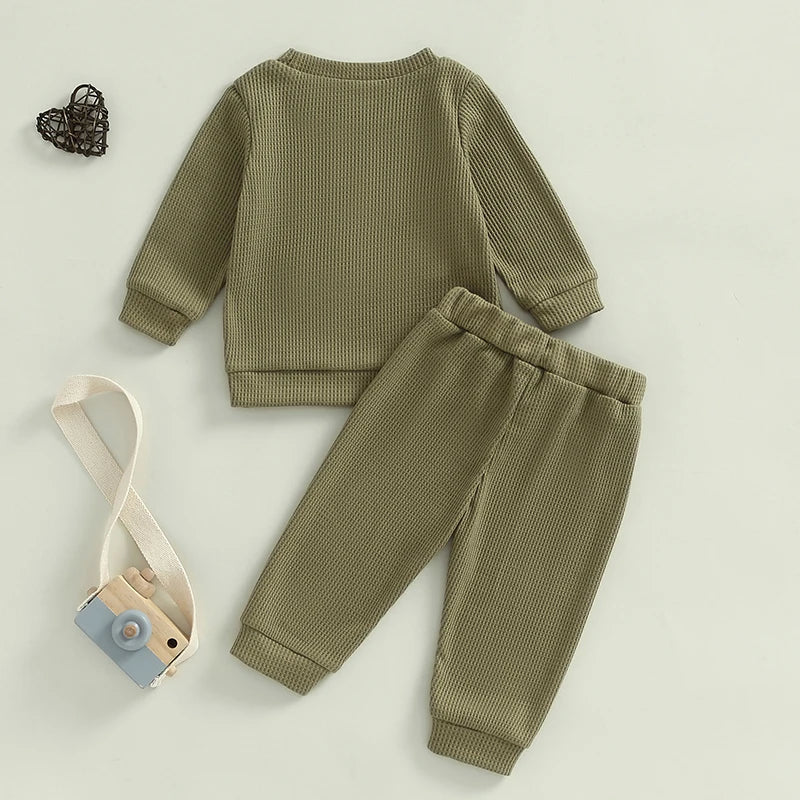 Baby Toddler Boys 2Pcs Little Dude Waffle Outfit Letter Embroidery Long Sleeve Top with Elastic Waist Solid Pants Set - Image 18