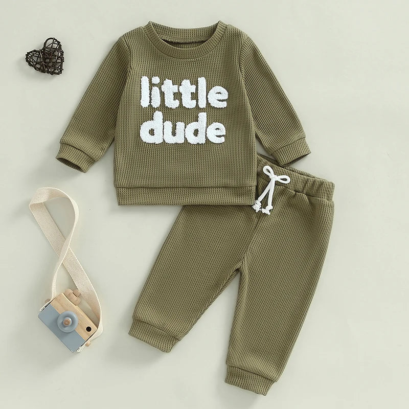 Baby Toddler Boys 2Pcs Little Dude Waffle Outfit Letter Embroidery Long Sleeve Top with Elastic Waist Solid Pants Set - Image 19