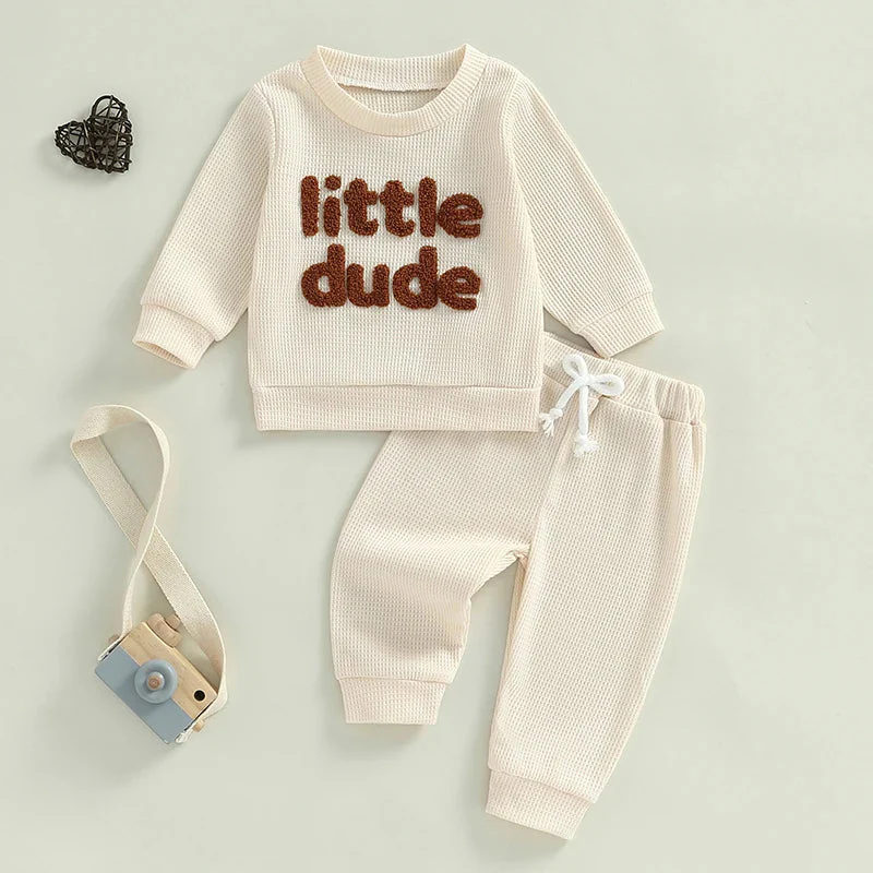 Baby Toddler Boys 2Pcs Little Dude Waffle Outfit Letter Embroidery Long Sleeve Top with Elastic Waist Solid Pants Set - Image 2