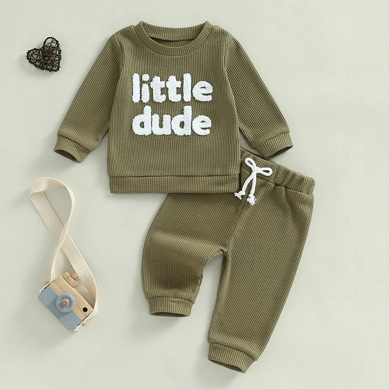 Baby Toddler Boys 2Pcs Little Dude Waffle Outfit Letter Embroidery Long Sleeve Top with Elastic Waist Solid Pants Set - Image 20