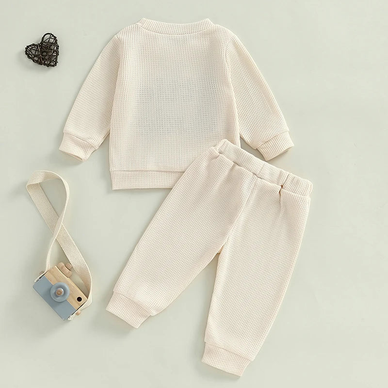 Baby Toddler Boys 2Pcs Little Dude Waffle Outfit Letter Embroidery Long Sleeve Top with Elastic Waist Solid Pants Set - Image 3