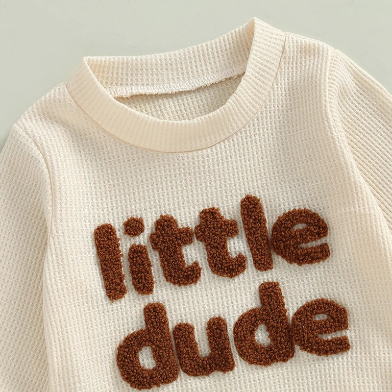 Baby Toddler Boys 2Pcs Little Dude Waffle Outfit Letter Embroidery Long Sleeve Top with Elastic Waist Solid Pants Set - Image 4