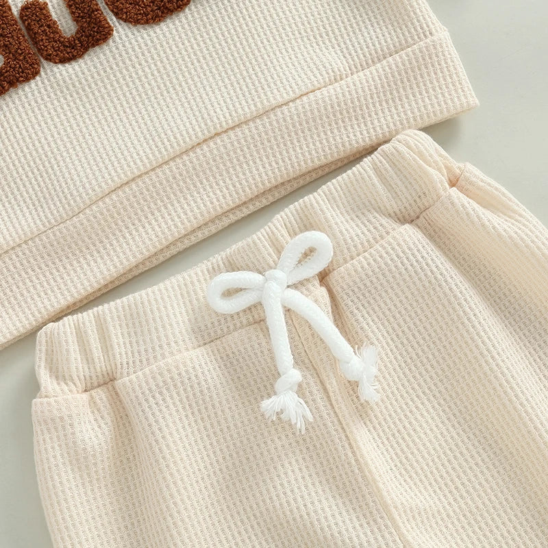 Baby Toddler Boys 2Pcs Little Dude Waffle Outfit Letter Embroidery Long Sleeve Top with Elastic Waist Solid Pants Set - Image 6