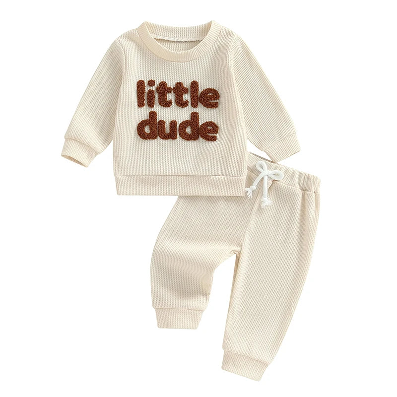 Baby Toddler Boys 2Pcs Little Dude Waffle Outfit Letter Embroidery Long Sleeve Top with Elastic Waist Solid Pants Set - Image 7