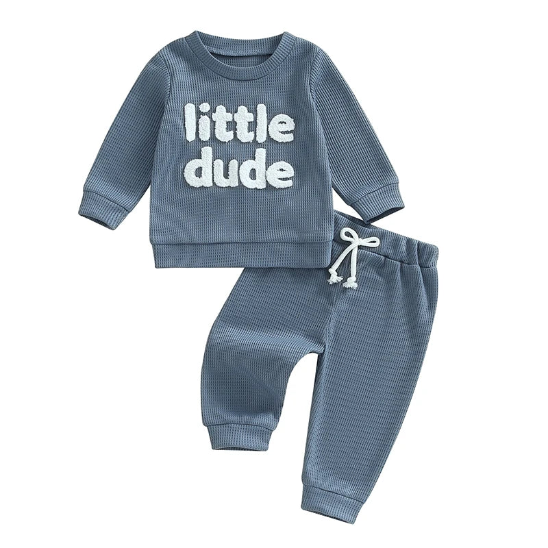 Baby Toddler Boys 2Pcs Little Dude Waffle Outfit Letter Embroidery Long Sleeve Top with Elastic Waist Solid Pants Set - Image 8