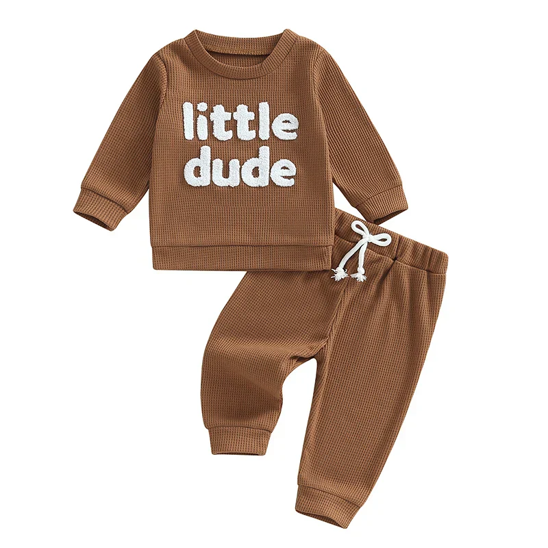 Baby Toddler Boys 2Pcs Little Dude Waffle Outfit Letter Embroidery Long Sleeve Top with Elastic Waist Solid Pants Set - Image 9