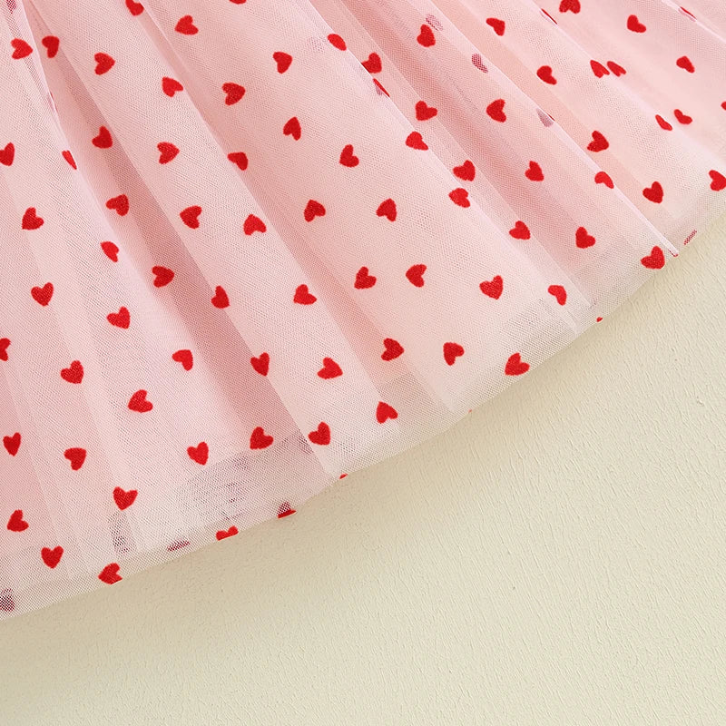 Baby Toddler Girl Valentine’s Day Dress Heart Print Short Puff Sleeve Tulle Princess - Image 12