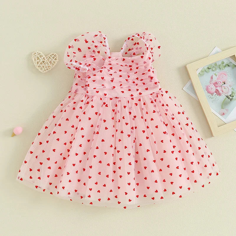 Baby Toddler Girl Valentine’s Day Dress Heart Print Short Puff Sleeve Tulle Princess - Image 3