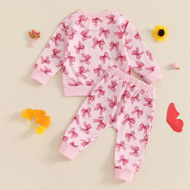 Baby Toddler Girls 2Pcs Fall Jogger Set Long Sleeve O Neck Bow Print Top Drawstring Pants Outfit - Image 5