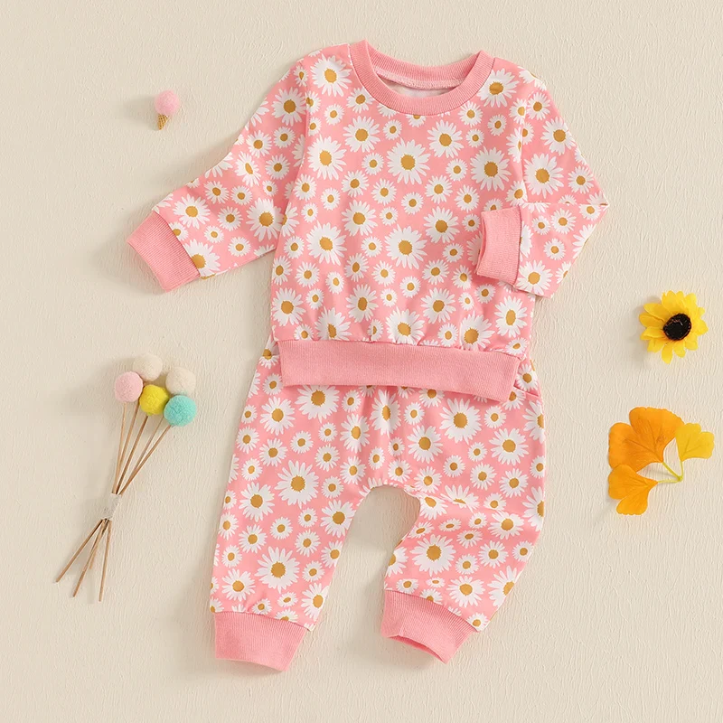 Baby Toddler Girls 2Pcs Fall Outfit Daisy Flower Print Long Sleeve Crewneck Top and Elastic Pants Jogger Set - Image 12