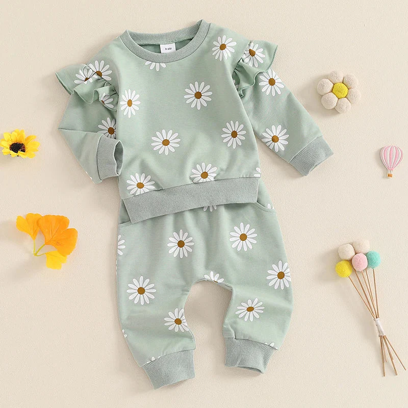 Baby Toddler Girls 2Pcs Fall Outfit Daisy Flower Print Long Sleeve Top with Elastic Waist Pants Set - Image 12