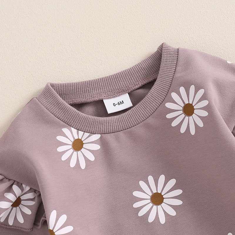 Baby Toddler Girls 2Pcs Fall Outfit Daisy Flower Print Long Sleeve Top with Elastic Waist Pants Set - Image 14