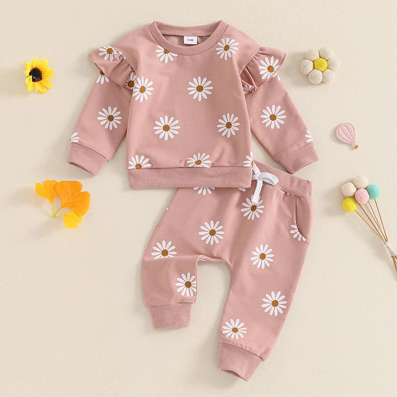 Baby Toddler Girls 2Pcs Fall Outfit Daisy Flower Print Long Sleeve Top with Elastic Waist Pants Set - Image 17