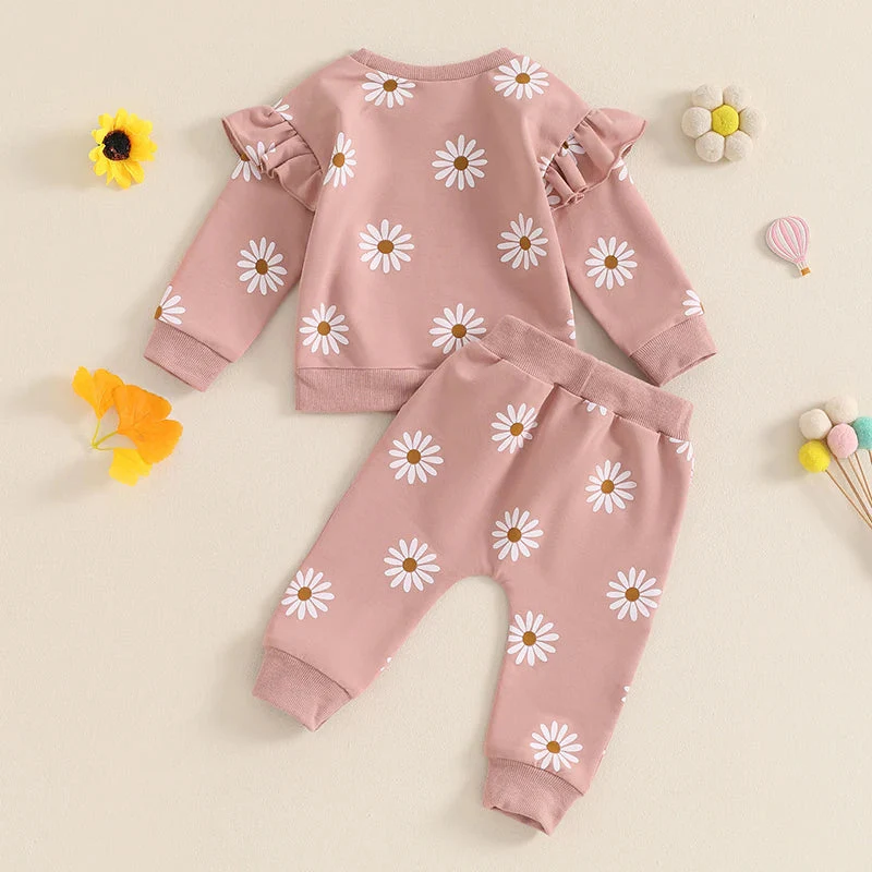 Baby Toddler Girls 2Pcs Fall Outfit Daisy Flower Print Long Sleeve Top with Elastic Waist Pants Set - Image 18