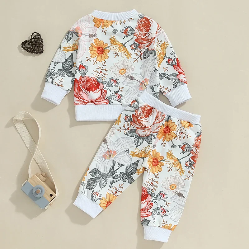 Baby Toddler Girls 2Pcs Fall Outfit Floral Flowers Print Long Sleeve Crewneck Top and Elastic Pants Set - Image 2