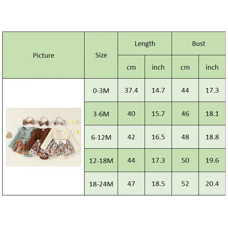 Baby Toddler Girls 2Pcs Fall Outfit Flower Print Ruffle Trim Long Sleeve Romper Dress Skirt Bow Headband Set - Image 10
