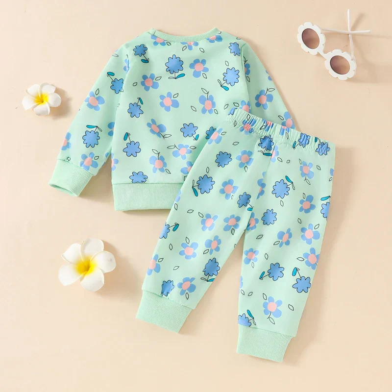 Baby Toddler Girls 2Pcs Fall Set Long Sleeve O Neck Floral Flower Print Top Elastic Waist Pants Set - Image 2