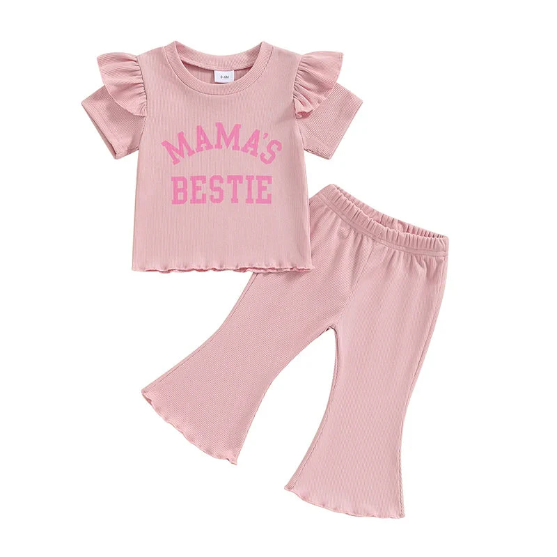 Baby Toddler Girls 2Pcs Mama's Bestie Flying Sleeve Letter Print Short Sleeve Top Flared Bellbottom Long Pants Set Outfit - Image 7