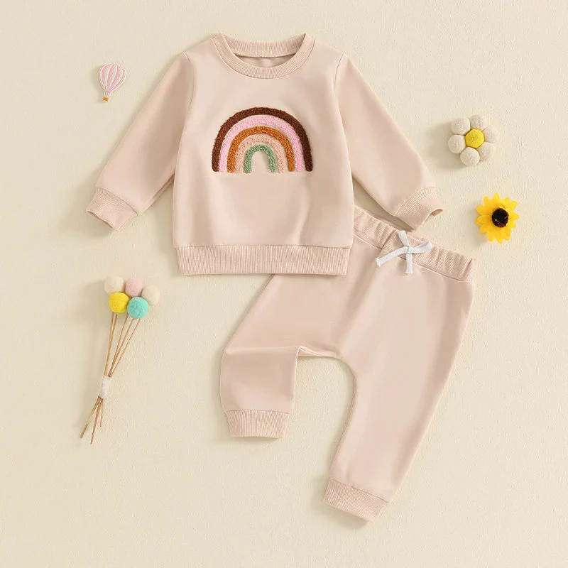 Baby Toddler Girls 2Pcs Outfit Embroidery Rainbow Long Sleeve Crew Neck Top with Elastic Waist Pants Set - Image 18