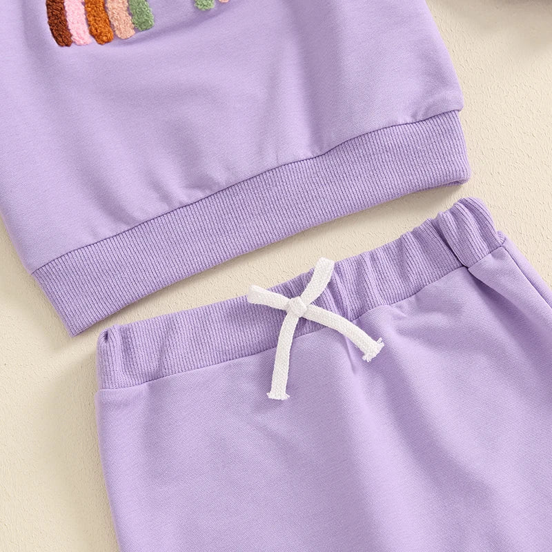 Baby Toddler Girls 2Pcs Outfit Embroidery Rainbow Long Sleeve Crew Neck Top with Elastic Waist Pants Set - Image 6