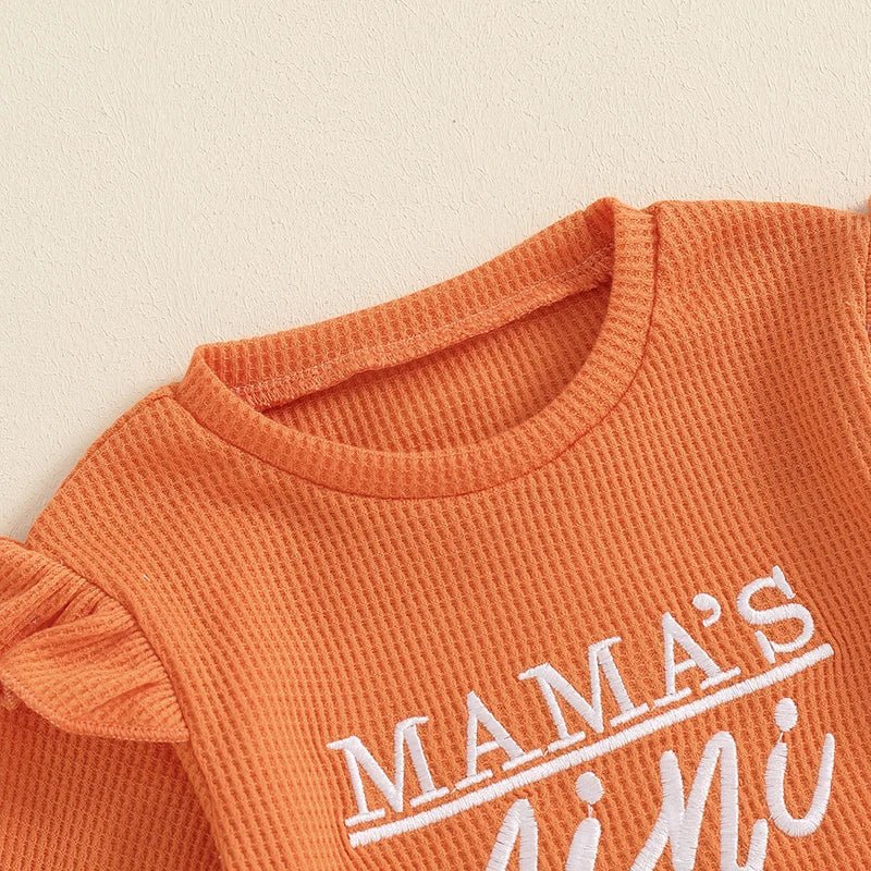 Baby Toddler Girls 2Pcs Set Mama's Mini Letter Embroidered Long Sleeve Ruffled Top Elastic Waist Pockets Long Pants Outfit - Image 4