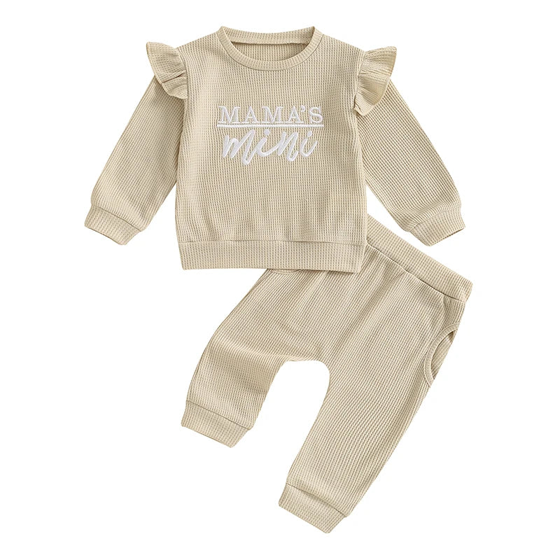 Baby Toddler Girls 2Pcs Set Mama's Mini Letter Embroidered Long Sleeve Ruffled Top Elastic Waist Pockets Long Pants Outfit - Image 7
