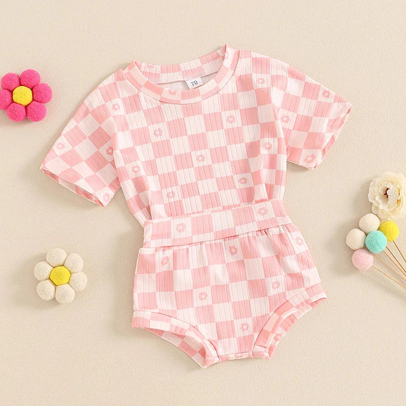 Baby Toddler Girls 2Pcs Summer Set Short Sleeve Checkerboard Flower Print Top Shorts Bloomers Outfit - Image 19