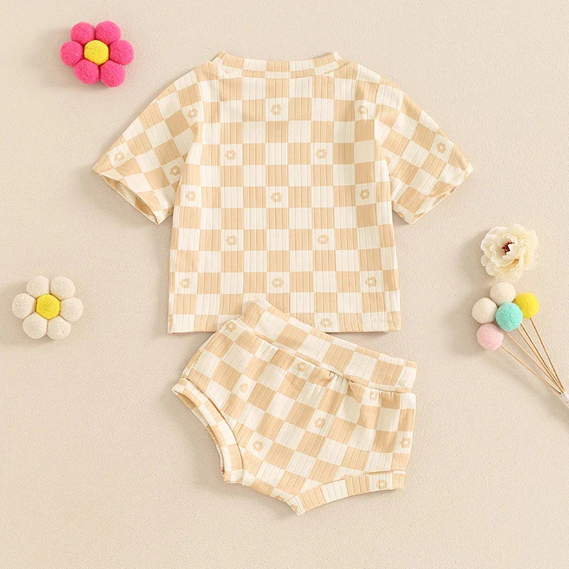 Baby Toddler Girls 2Pcs Summer Set Short Sleeve Checkerboard Flower Print Top Shorts Bloomers Outfit - Image 21