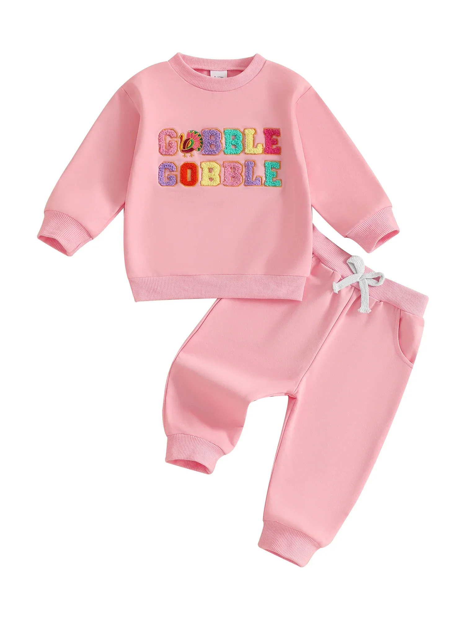 Baby Toddler Girls 2Pcs Thanksgiving Outfit Long Sleeve Turkey Gobble Embroidery Top + Pants Jogger Set Clothes - Image 7