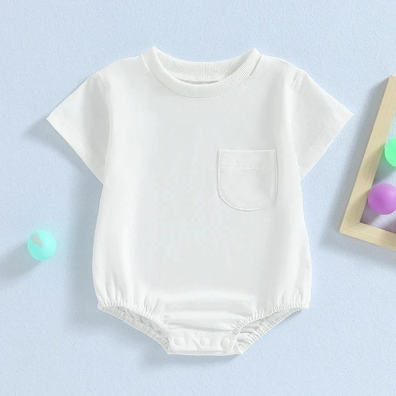 Baby Toddler Girls Boys Basics Bodysuit Short Sleeve Crew Neck Front Pocket Solid Summer Jumpsuit - Image 2