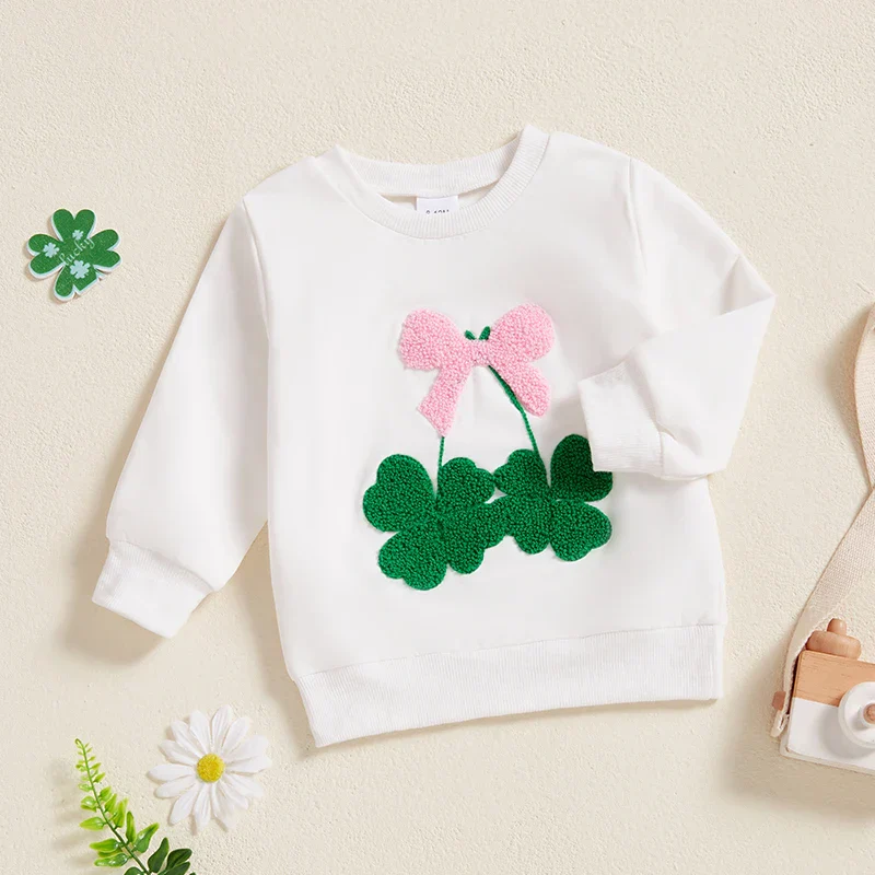 Baby Toddler Girls St. Patrick's Day Irish Bow Four Leaf Clover Embroidery Long Sleeve Pullover Top Casual Spring Clothes - Image 10