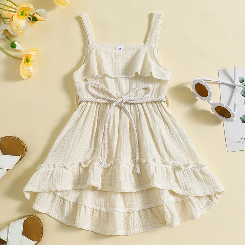 Baby Toddler Girls Summer Dress Casual Sleeveless Tank Square Neck Tie Belt A-Line Dress - Image 2