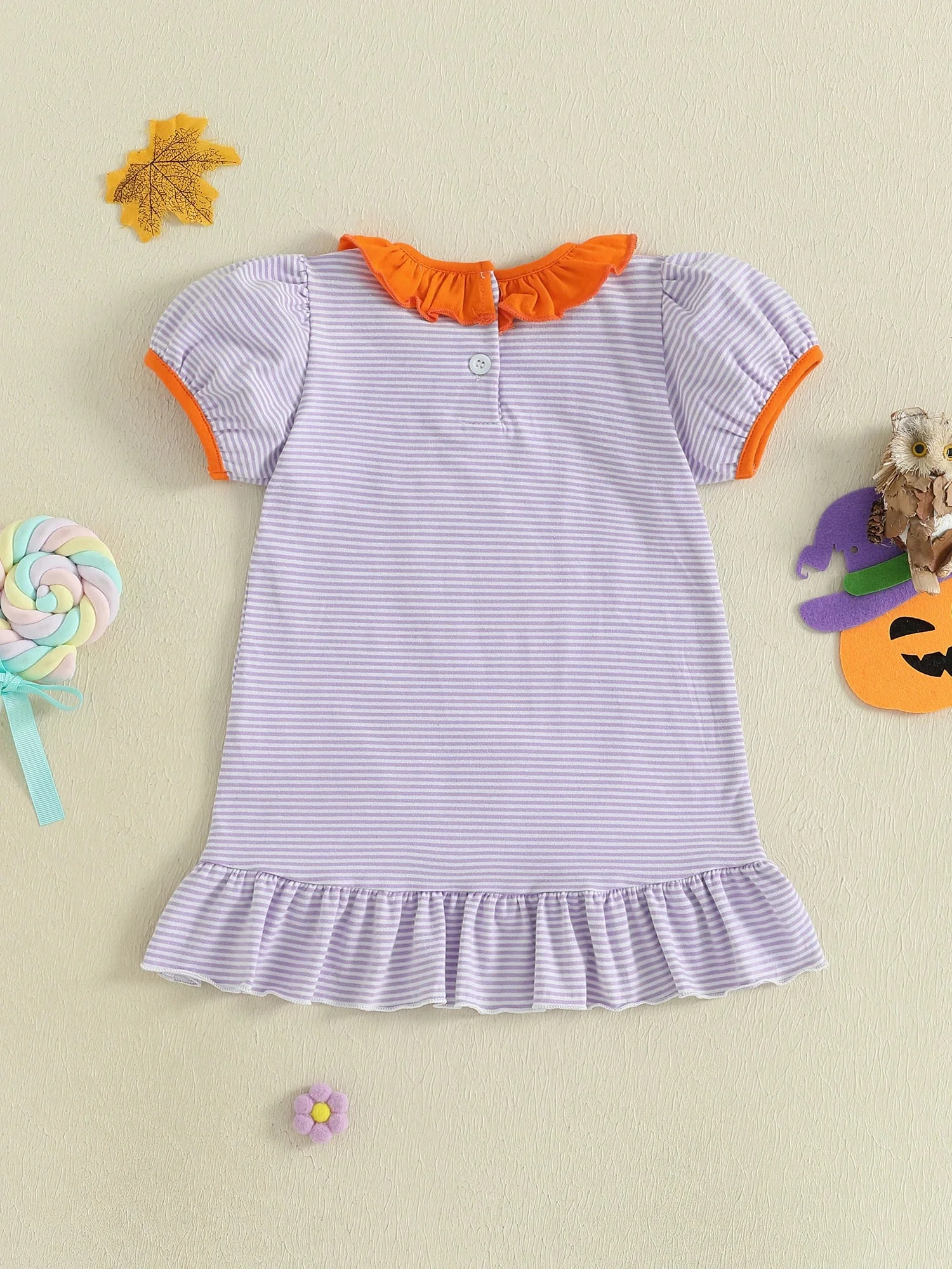 Baby Toddler Kids Girl Halloween Striped Dress Pumpkin Black Cat Embroidered Short Sleeve Ruffled Dress Cute Fall Clothes - Image 10