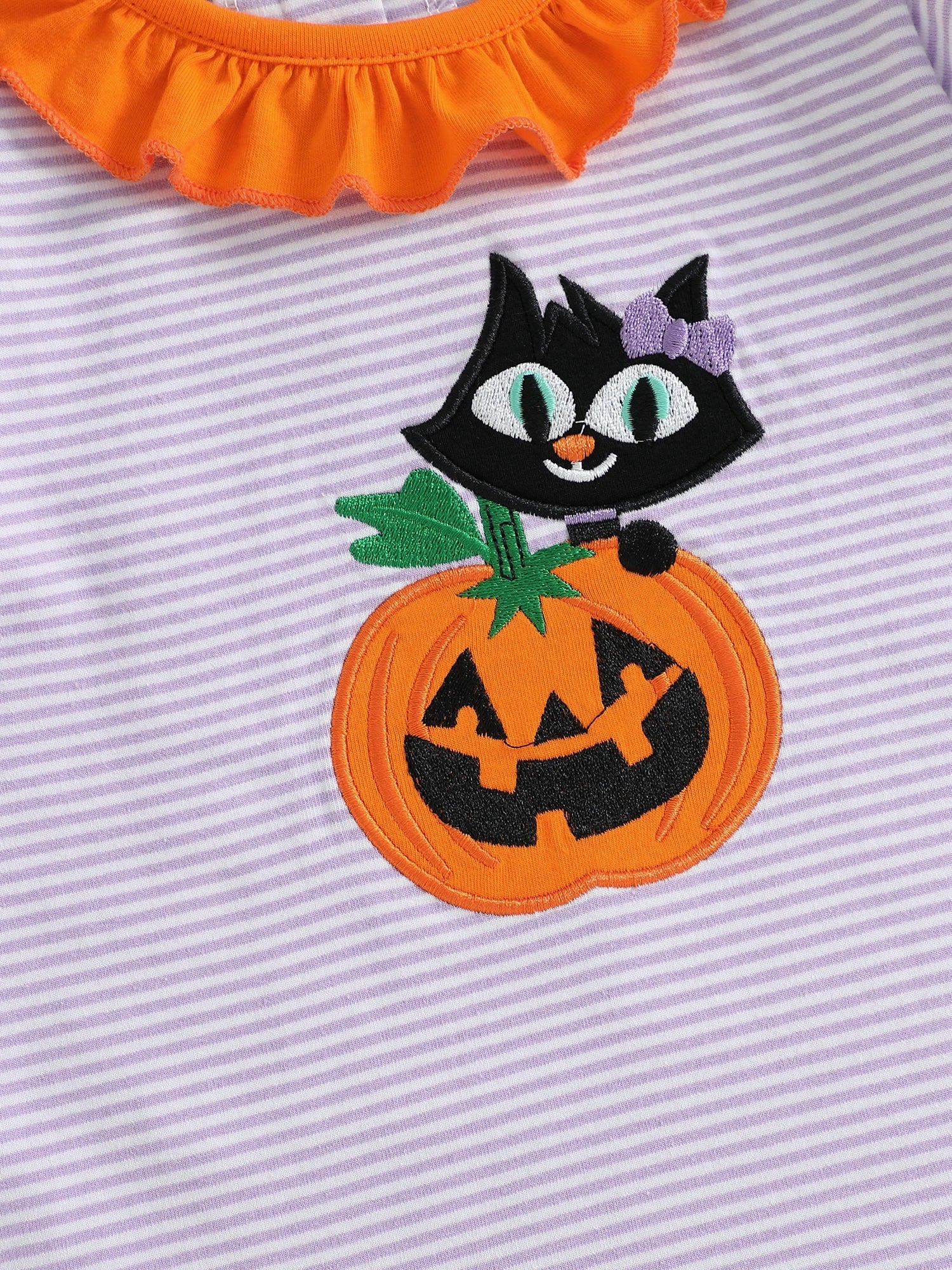 Baby Toddler Kids Girl Halloween Striped Dress Pumpkin Black Cat Embroidered Short Sleeve Ruffled Dress Cute Fall Clothes - Image 11