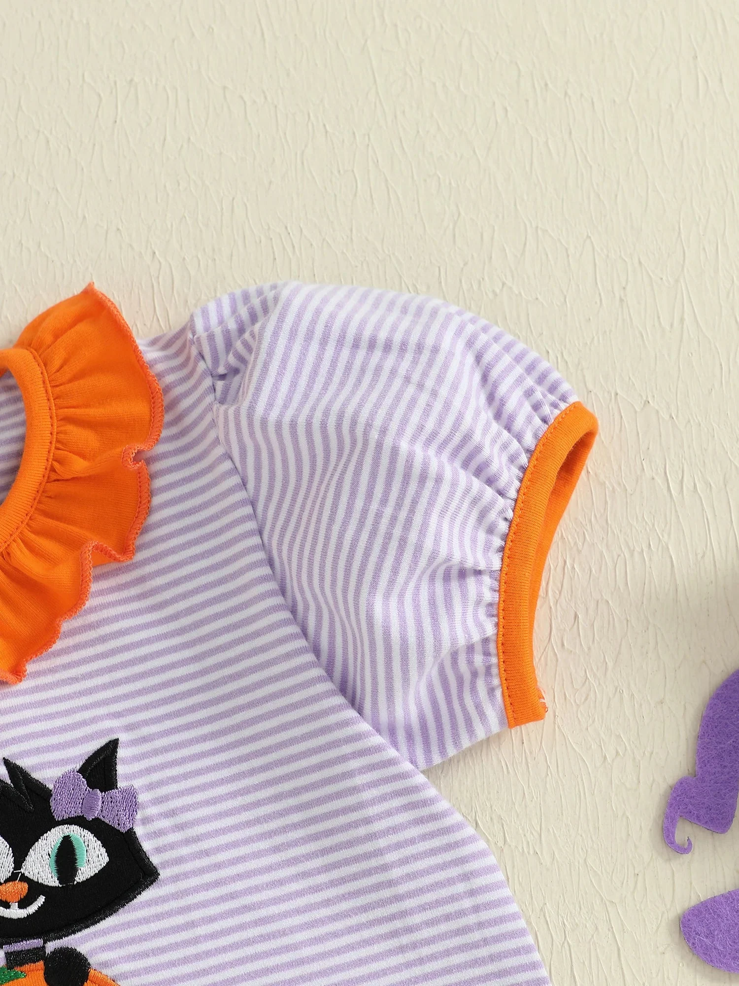 Baby Toddler Kids Girl Halloween Striped Dress Pumpkin Black Cat Embroidered Short Sleeve Ruffled Dress Cute Fall Clothes - Image 15