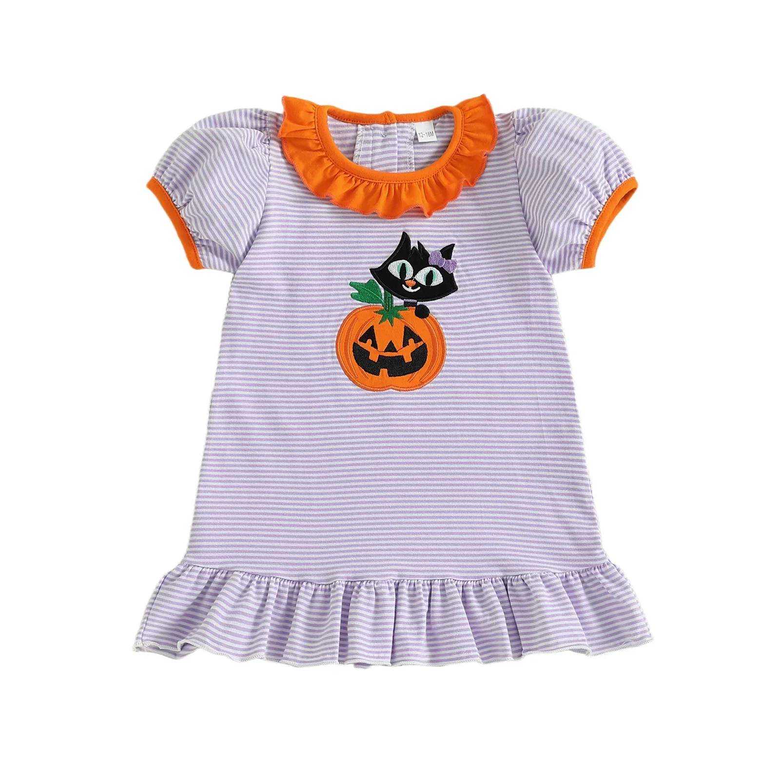 Baby Toddler Kids Girl Halloween Striped Dress Pumpkin Black Cat Embroidered Short Sleeve Ruffled Dress Cute Fall Clothes - Image 16
