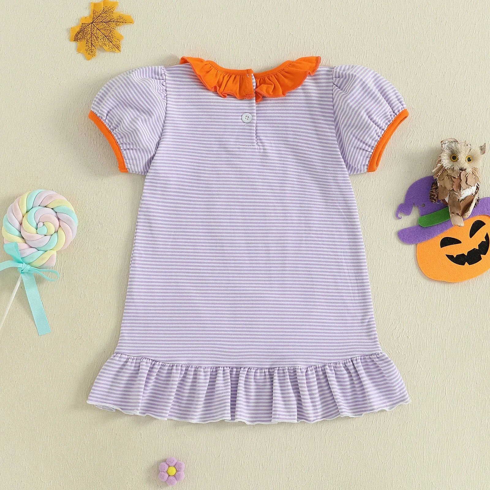 Baby Toddler Kids Girl Halloween Striped Dress Pumpkin Black Cat Embroidered Short Sleeve Ruffled Dress Cute Fall Clothes - Image 3
