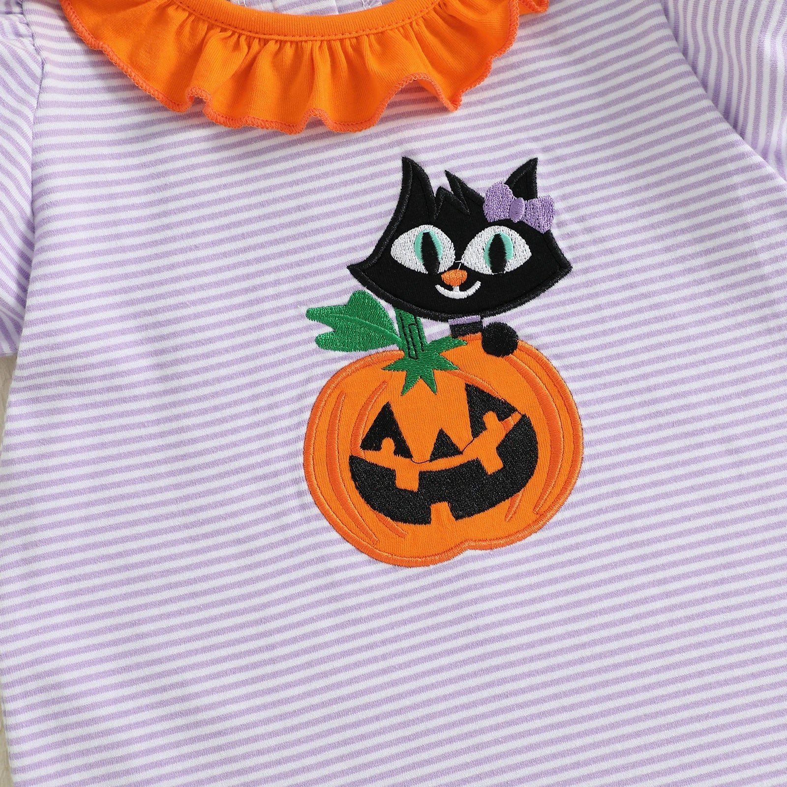 Baby Toddler Kids Girl Halloween Striped Dress Pumpkin Black Cat Embroidered Short Sleeve Ruffled Dress Cute Fall Clothes - Image 4