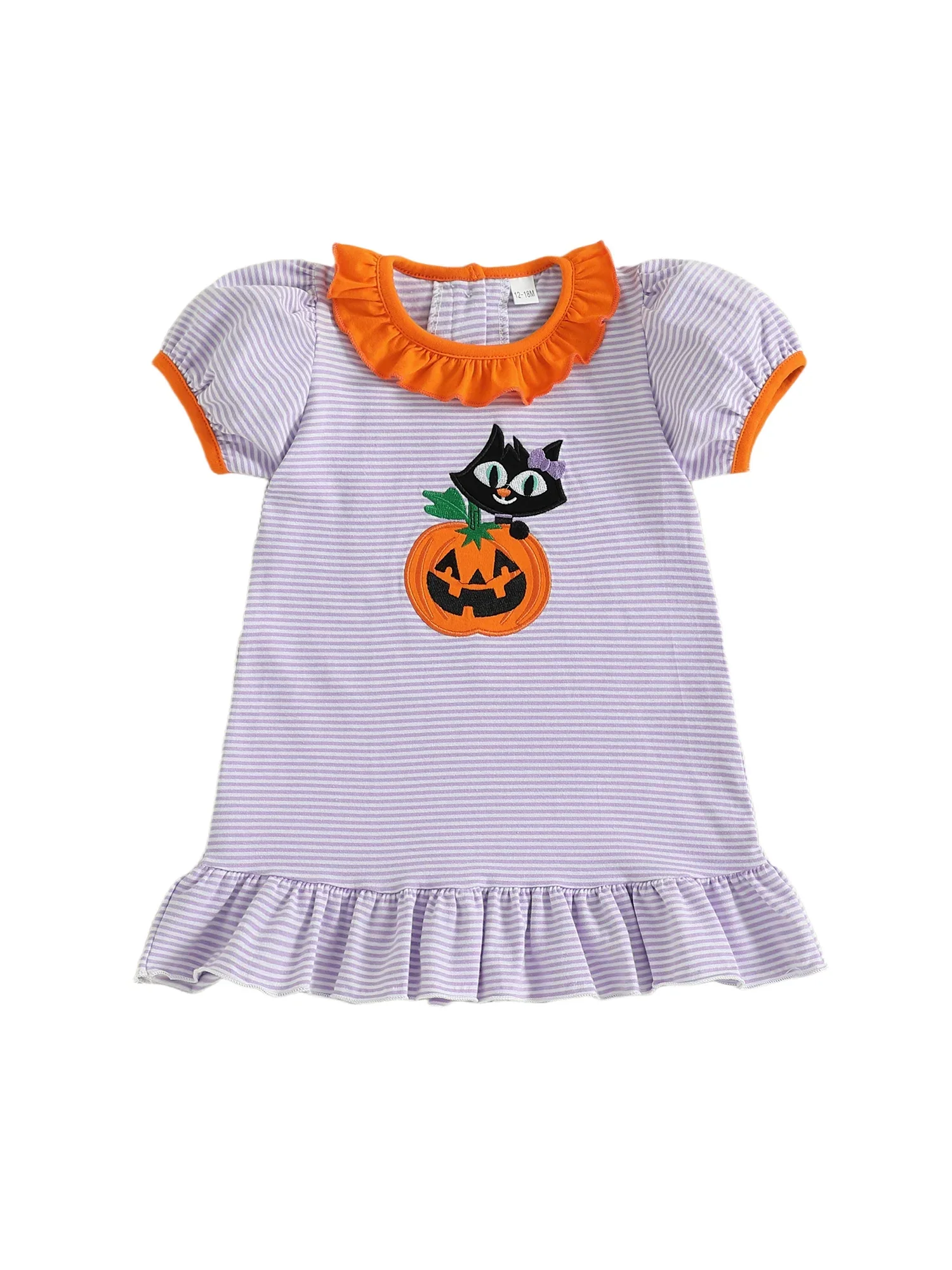 Baby Toddler Kids Girl Halloween Striped Dress Pumpkin Black Cat Embroidered Short Sleeve Ruffled Dress Cute Fall Clothes - Image 6