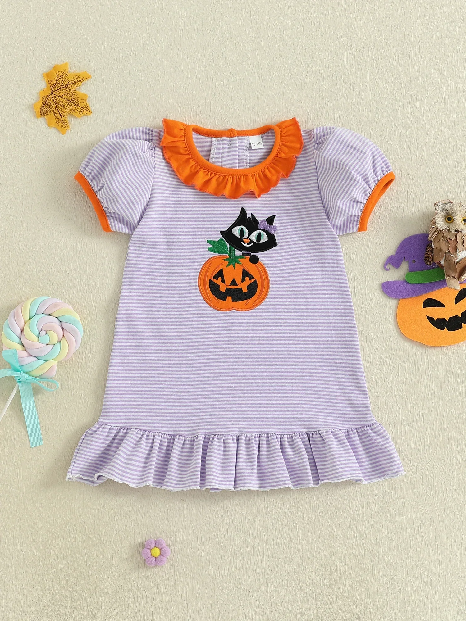 Baby Toddler Kids Girl Halloween Striped Dress Pumpkin Black Cat Embroidered Short Sleeve Ruffled Dress Cute Fall Clothes - Image 7