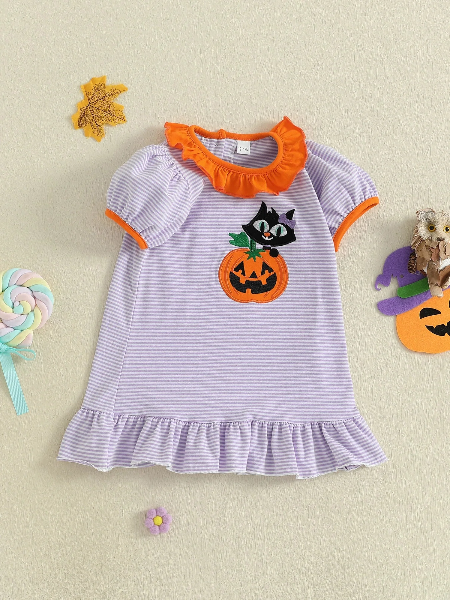 Baby Toddler Kids Girl Halloween Striped Dress Pumpkin Black Cat Embroidered Short Sleeve Ruffled Dress Cute Fall Clothes - Image 8
