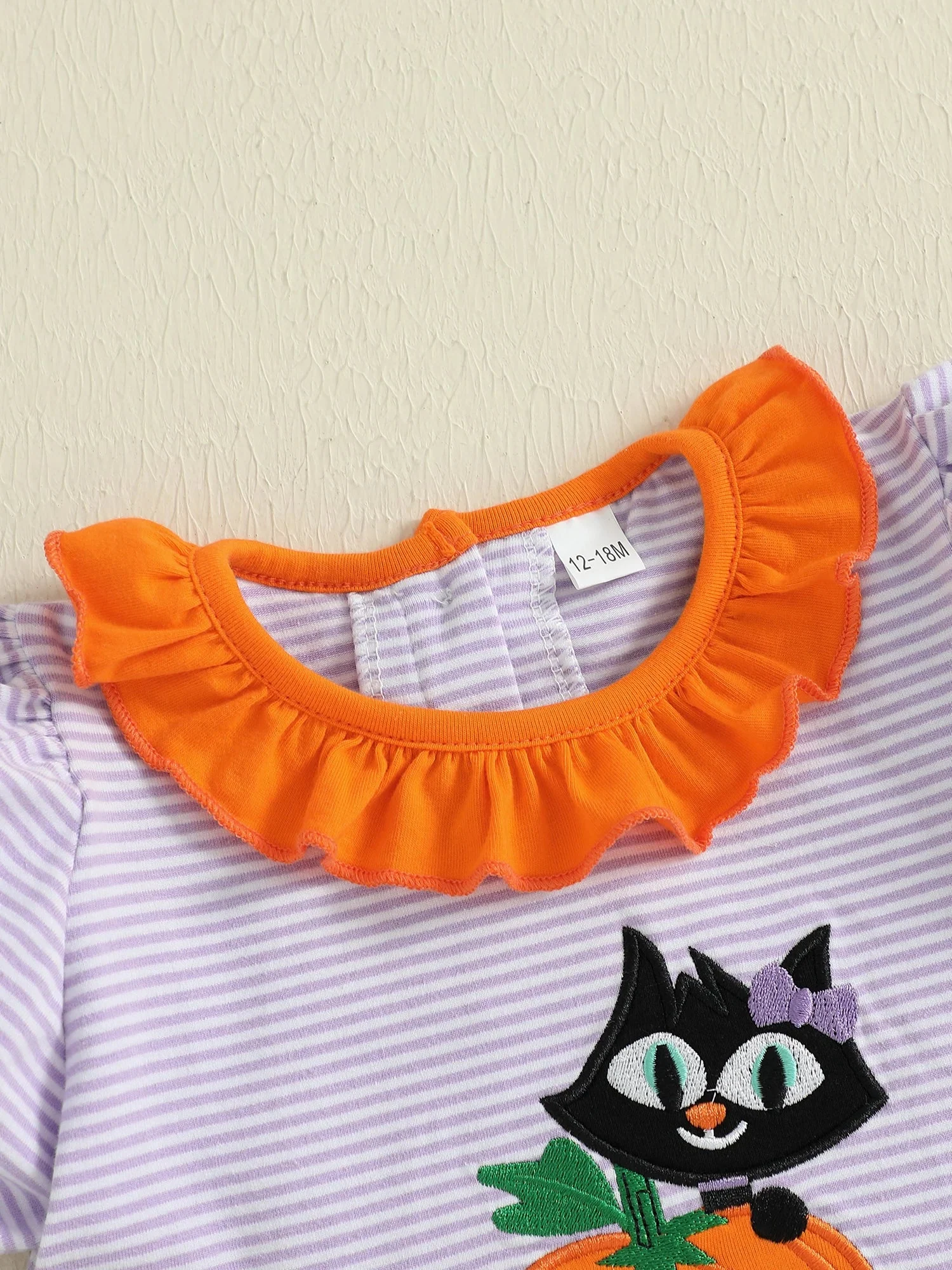 Baby Toddler Kids Girl Halloween Striped Dress Pumpkin Black Cat Embroidered Short Sleeve Ruffled Dress Cute Fall Clothes - Image 9