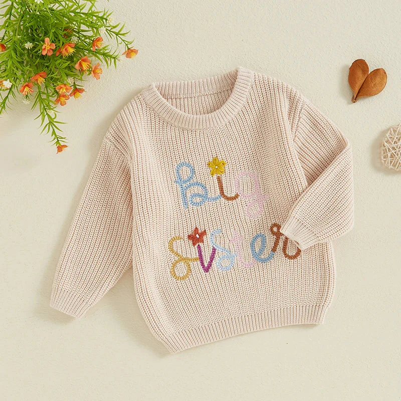 Baby Toddler Kids Girls Big Sister Fall Winter Sweater Casual Letter Flower Embroidery Crew Neck Long Sleeve Pullover Top - Image 14