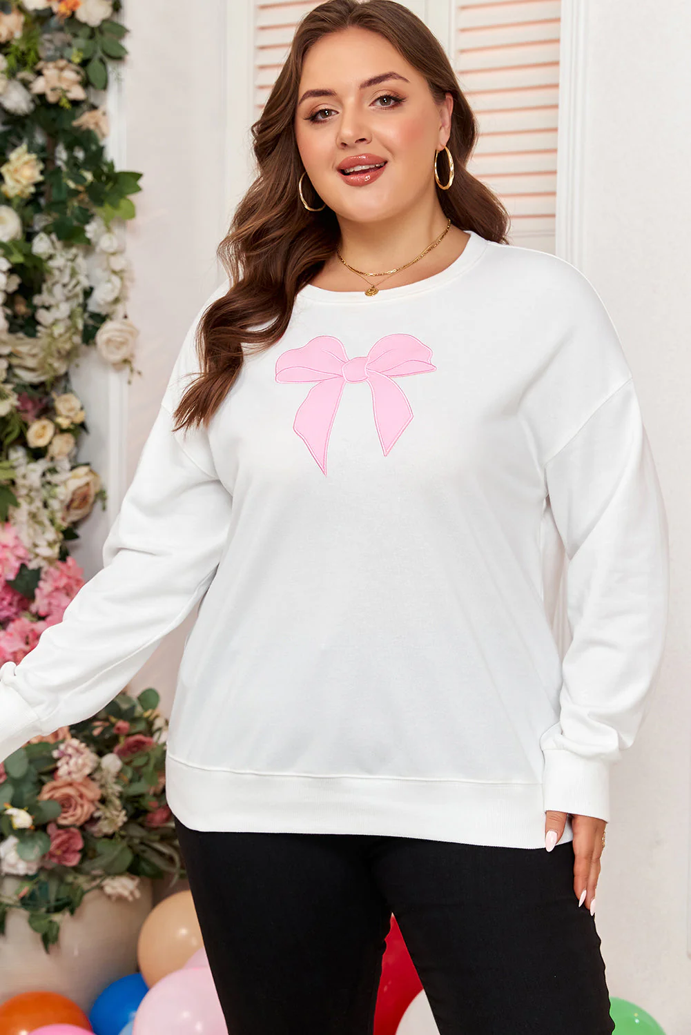 Threaded Pear Beige Big Bow Accent Plus Size Drop Shoulder Sweatshirt - Image 7