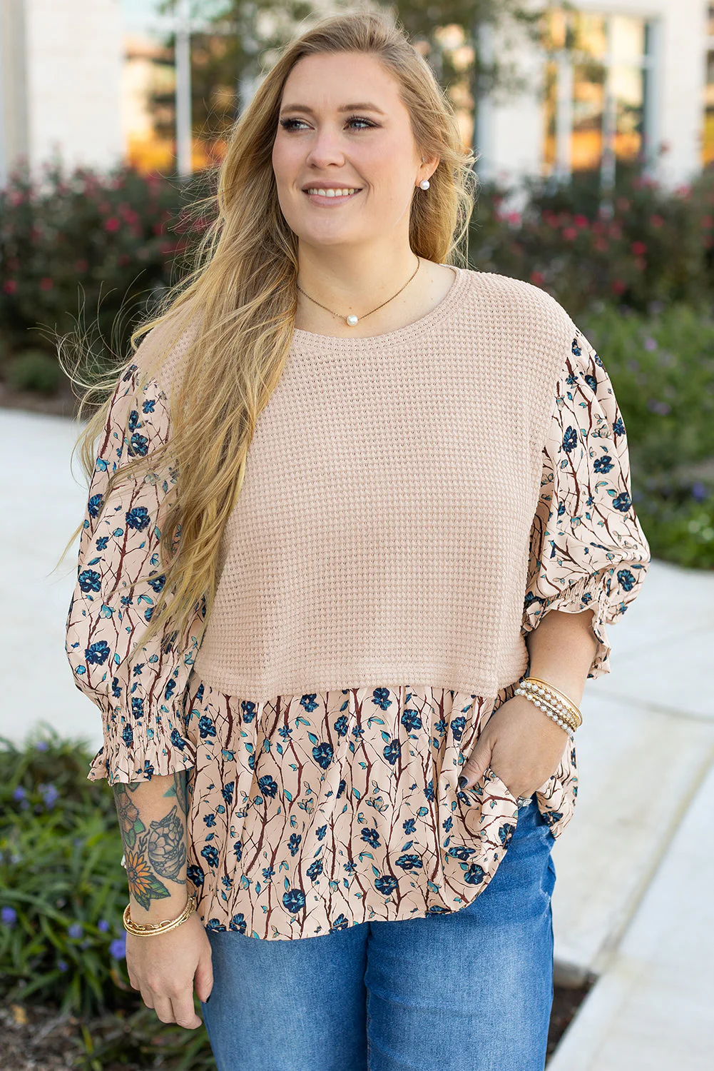 Threaded Pear Beige Faux Two Piece Knit Patchwork Floral Print Plus Size Top - Image 5