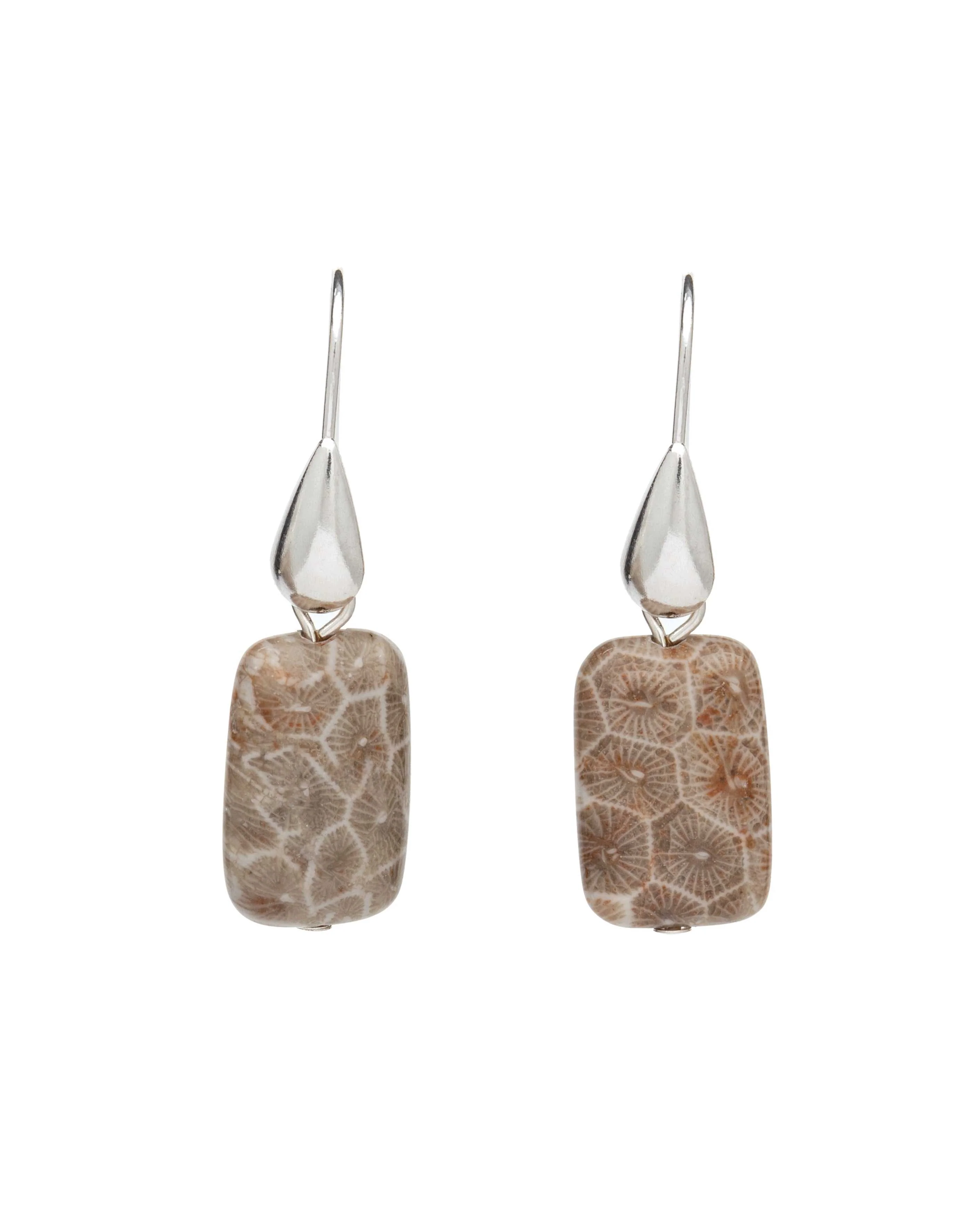 Beige Fossilised Coral Rectangular Drop Earrings in Polished Silvertone - Image 2