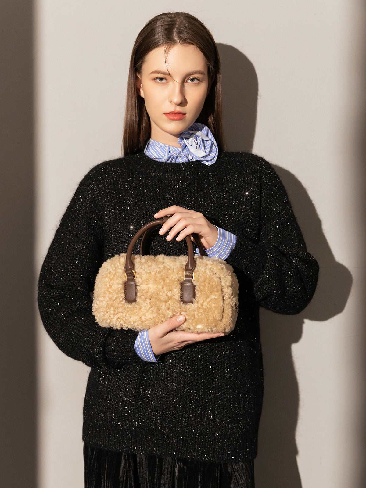 Beige Sherpa Fur Trimmed Elongated Top Handle Bag - Image 8