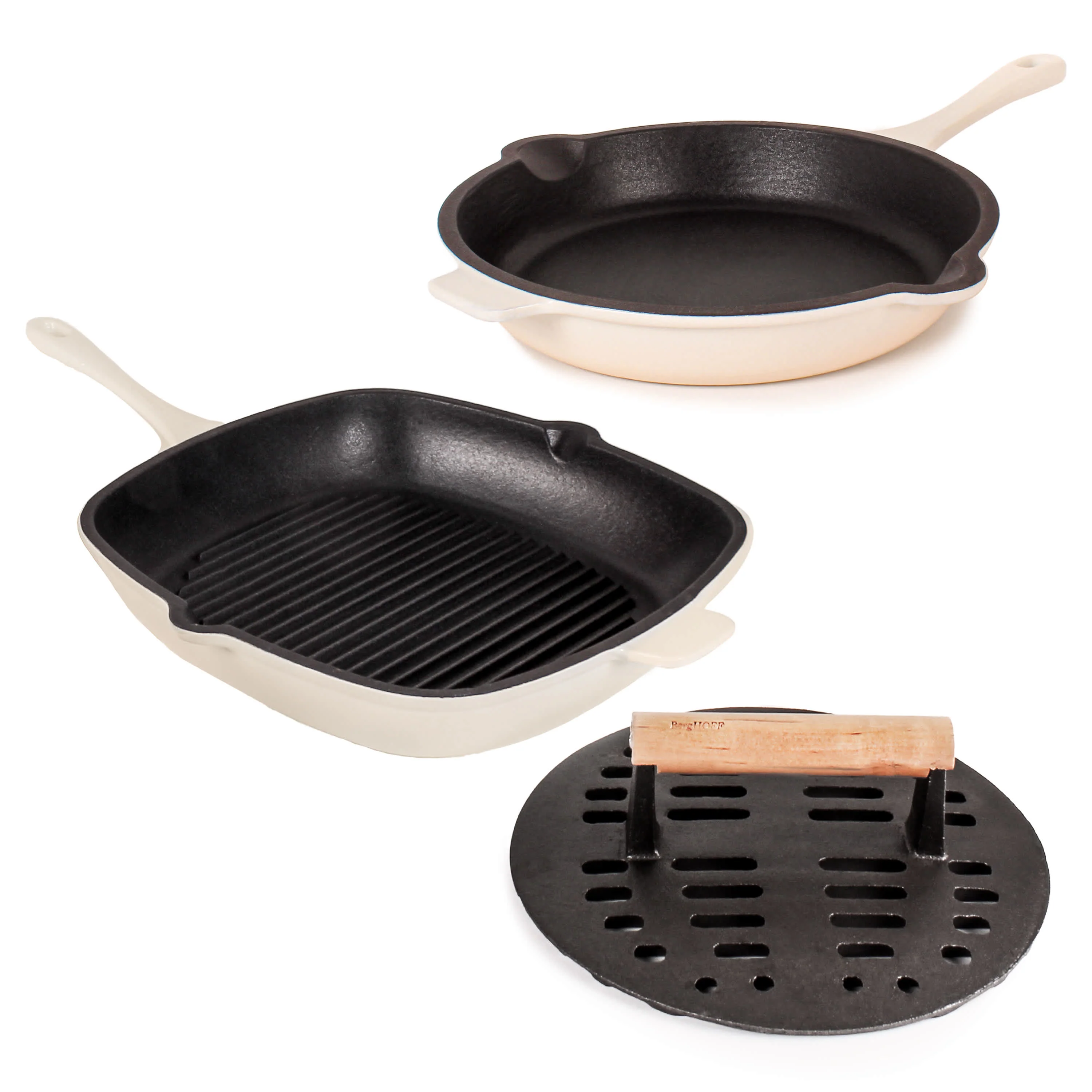 BergHOFF Neo 3pc Cast Iron Fry Pan & Grill Pan Set with Slotted Steak Press - Image 11