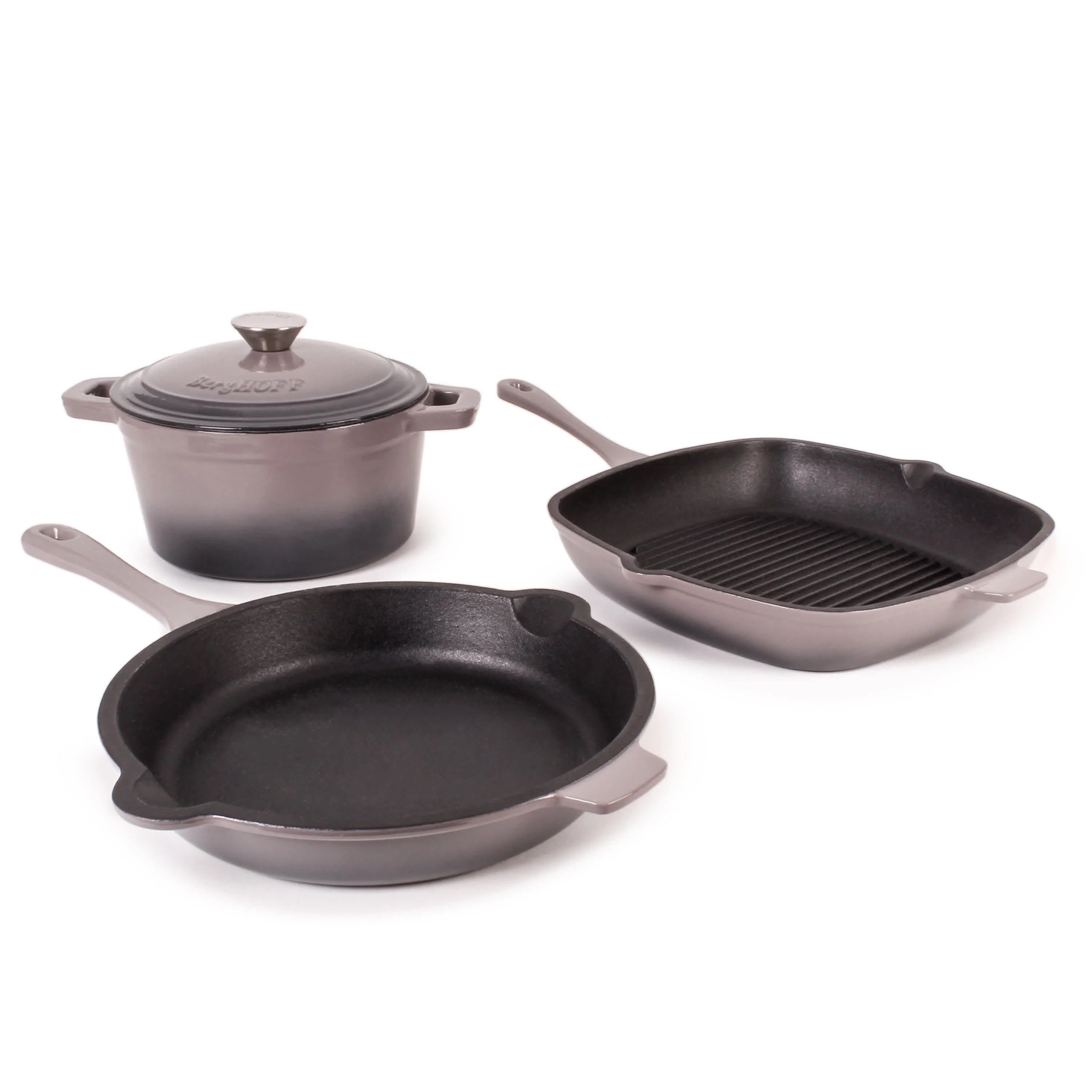 BergHOFF Neo 4pc Cast Iron Cookware Set, Fry Pan, Grill Pan & Round Dutch Oven - Image 2